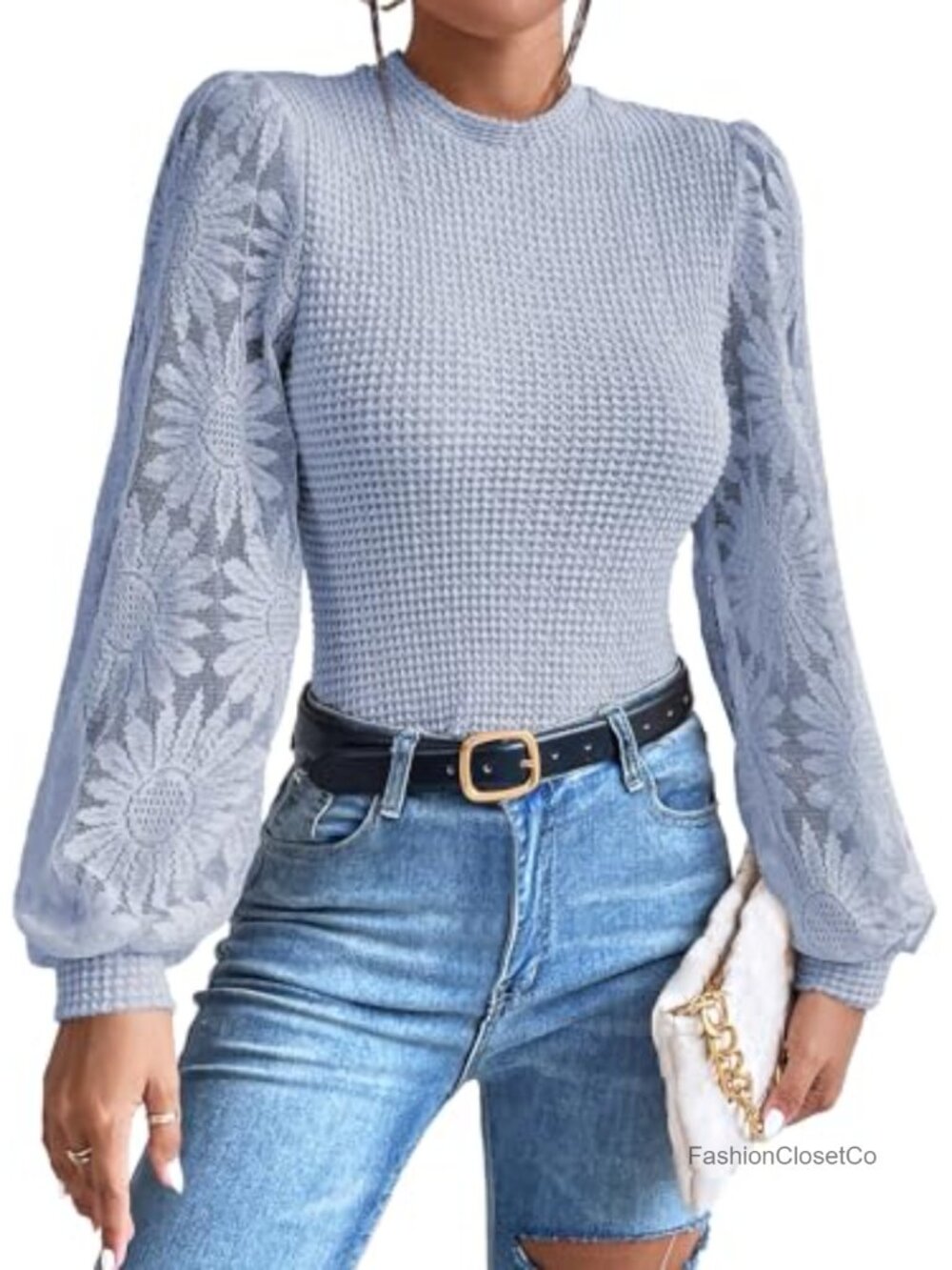 Waffle Knit Crochet Mesh Long Sleeve Floral Embroidered Tunic Blouse